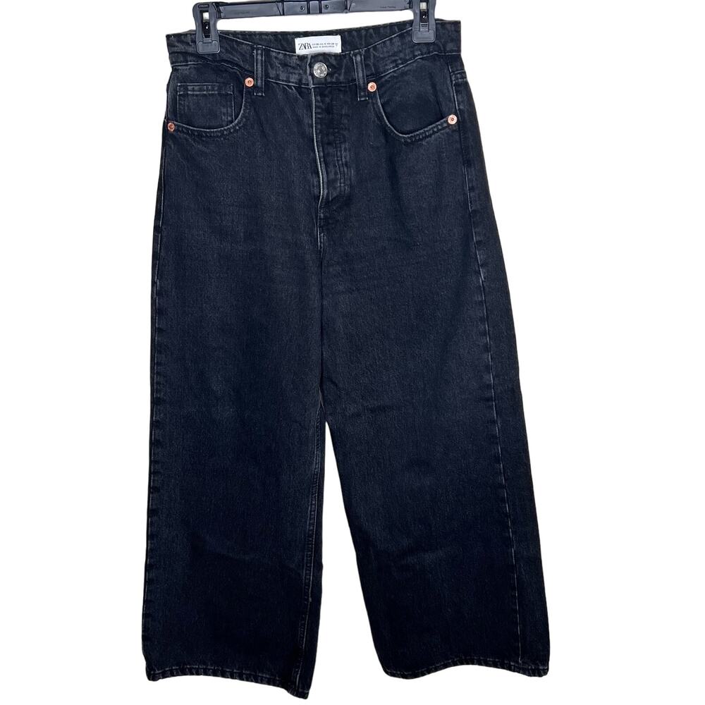 ZARA Wide Leg Jeans 6 Cropped Black Dark Wash High Rise Button Fly Denim Pants